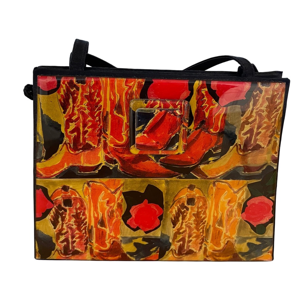 Angela Frascone Vintage Novelty Art Tote Bag Purse Cowboy Boots Roses Top Handle